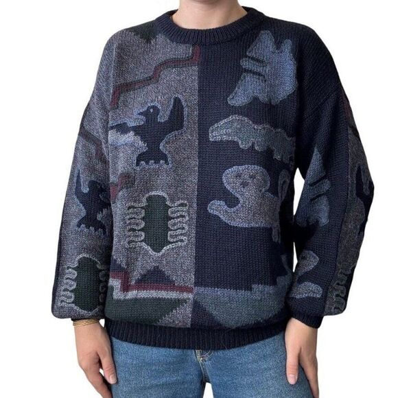 Vintage Hand Loomed in Peru Alpaca Animal Patch Oversized Hippy Peruvian Sweater - Picture 1 of 7